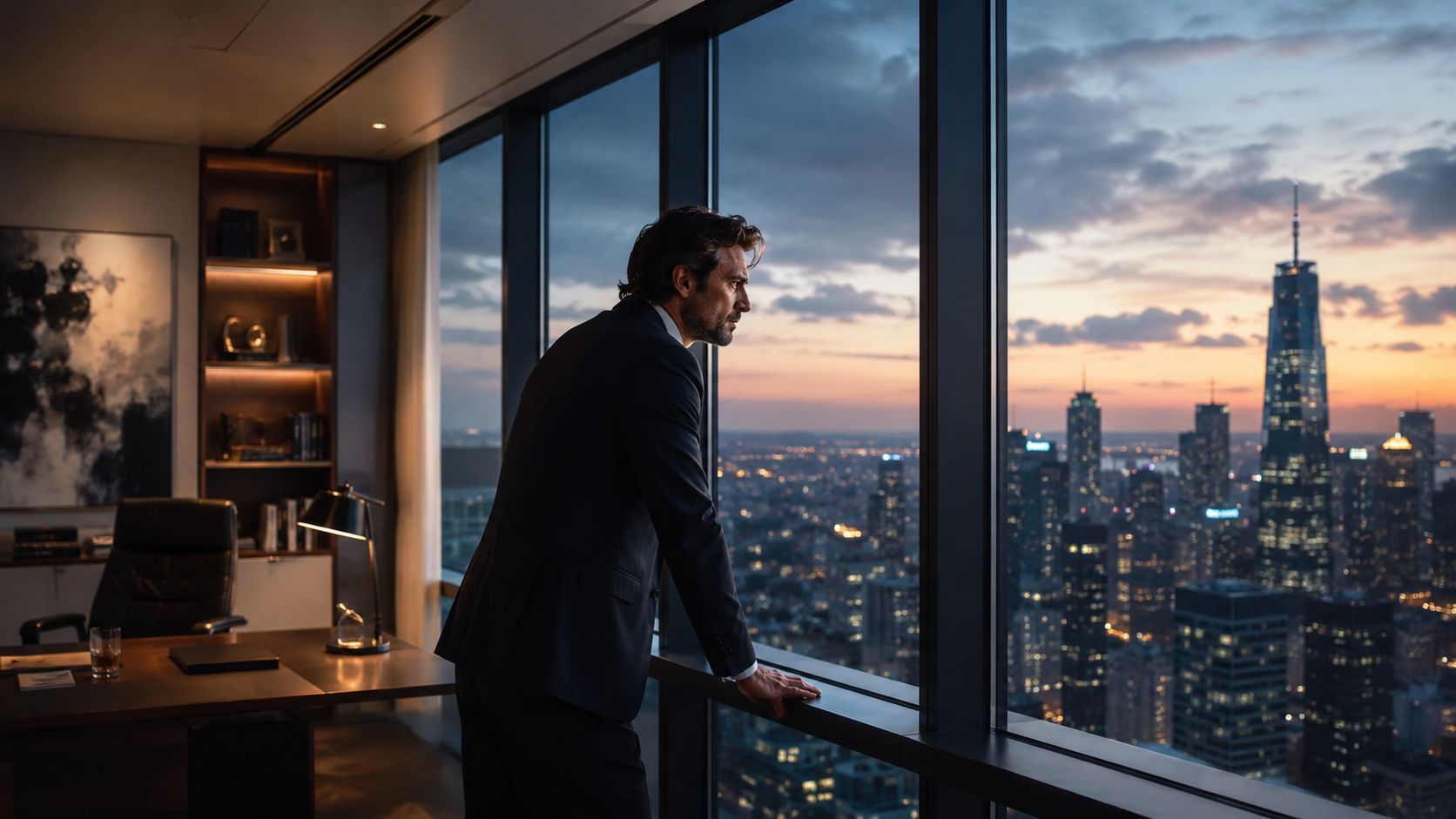 A professional businessman in a suit looks out the window of a high-rise office at sunset.
