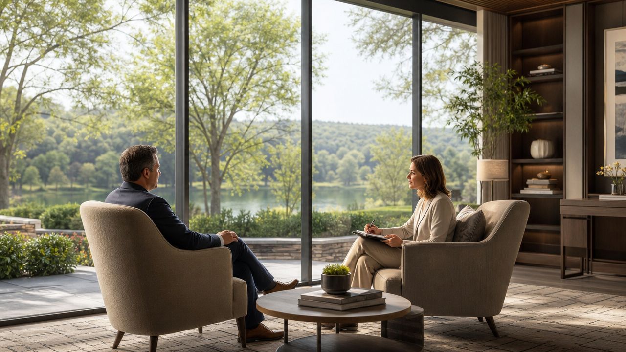A professional executive engages in a private consultation with a therapist in a serene, nature-filled office.