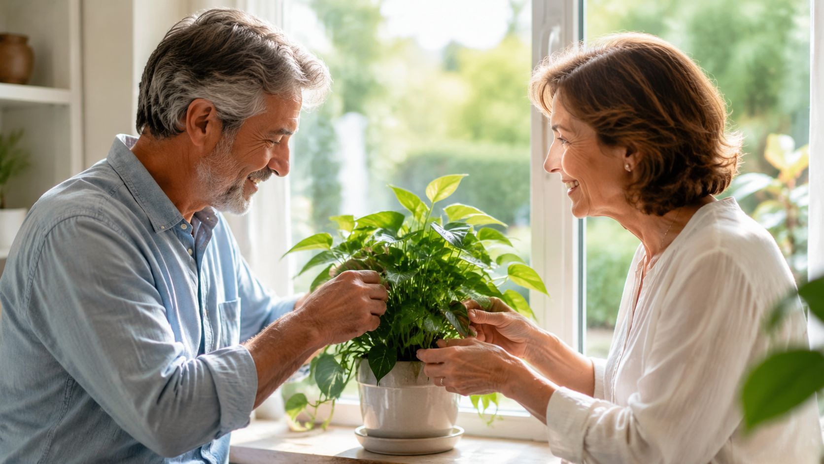 A happy senior couple lovingly caring for a green potted plant together by a bright window.