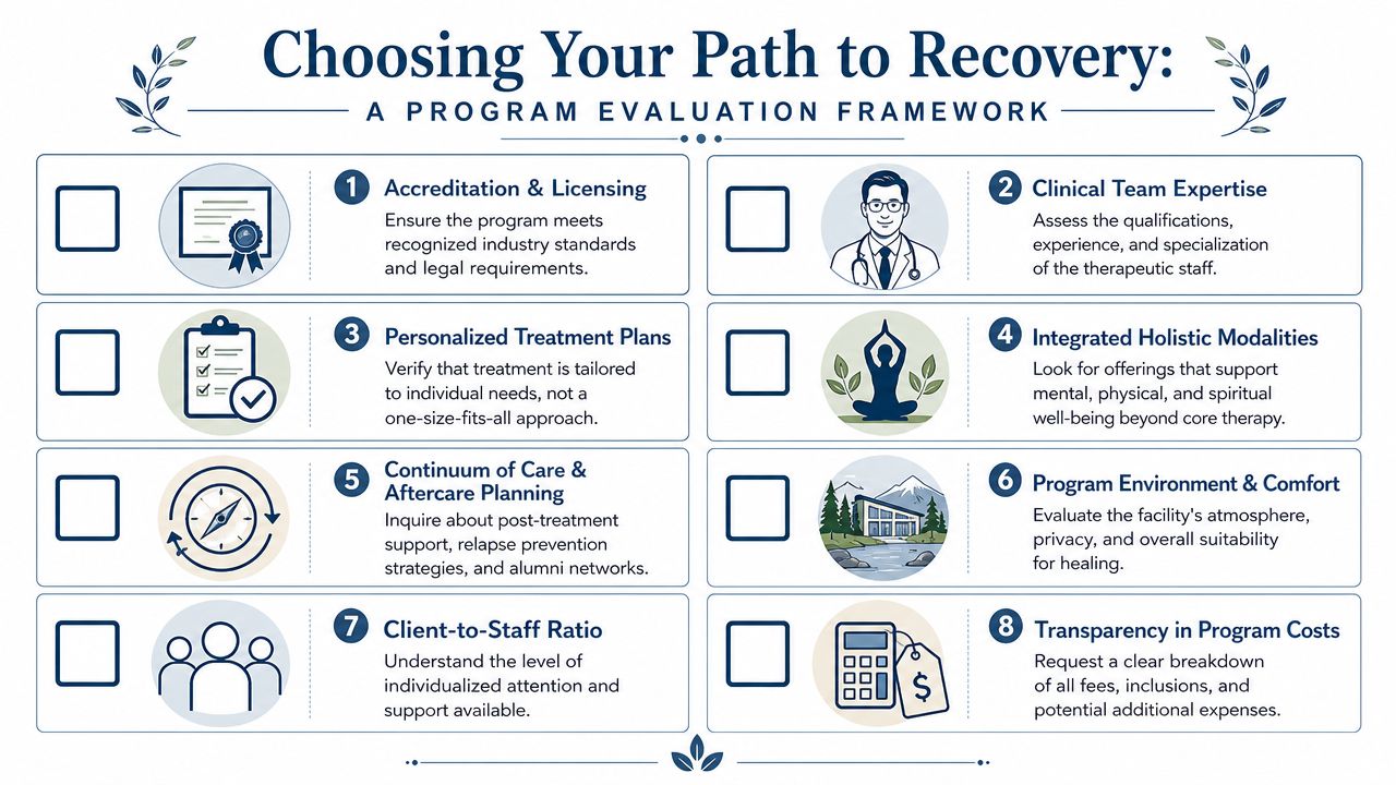 A program evaluation framework for choosing a residential treatment facility for adults, outlining eight key criteria.