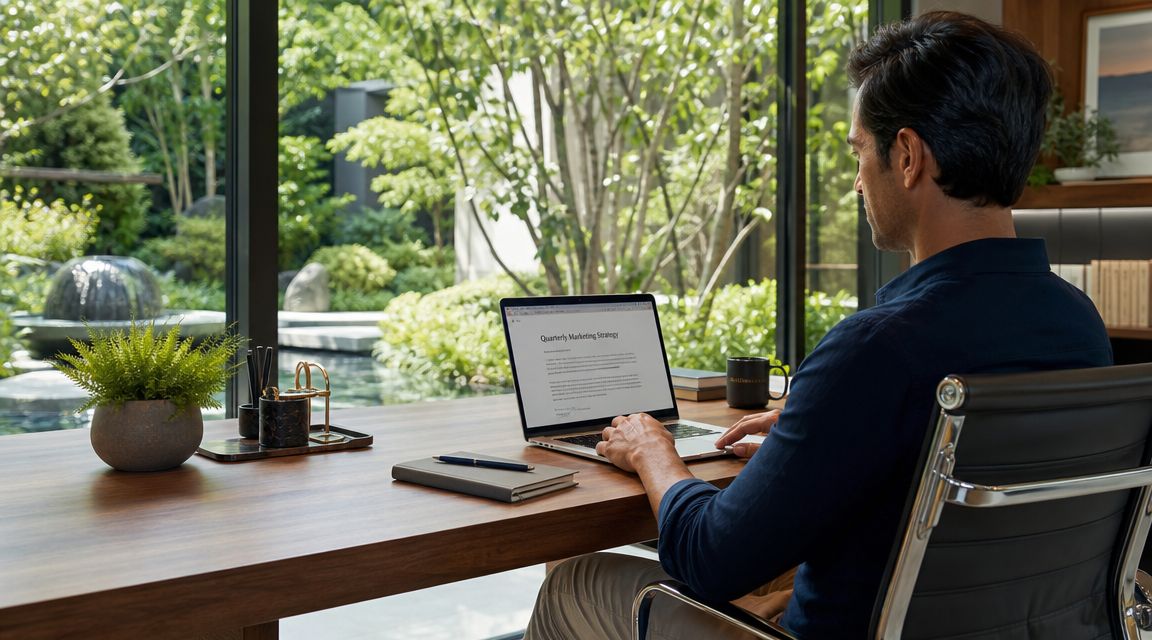 A man working on his laptop in a modern home office overlooking a serene garden.