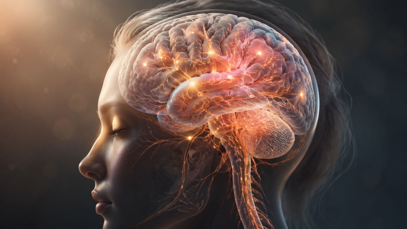 A conceptual profile view of a human head displaying a glowing, interconnected neural network within the brain.