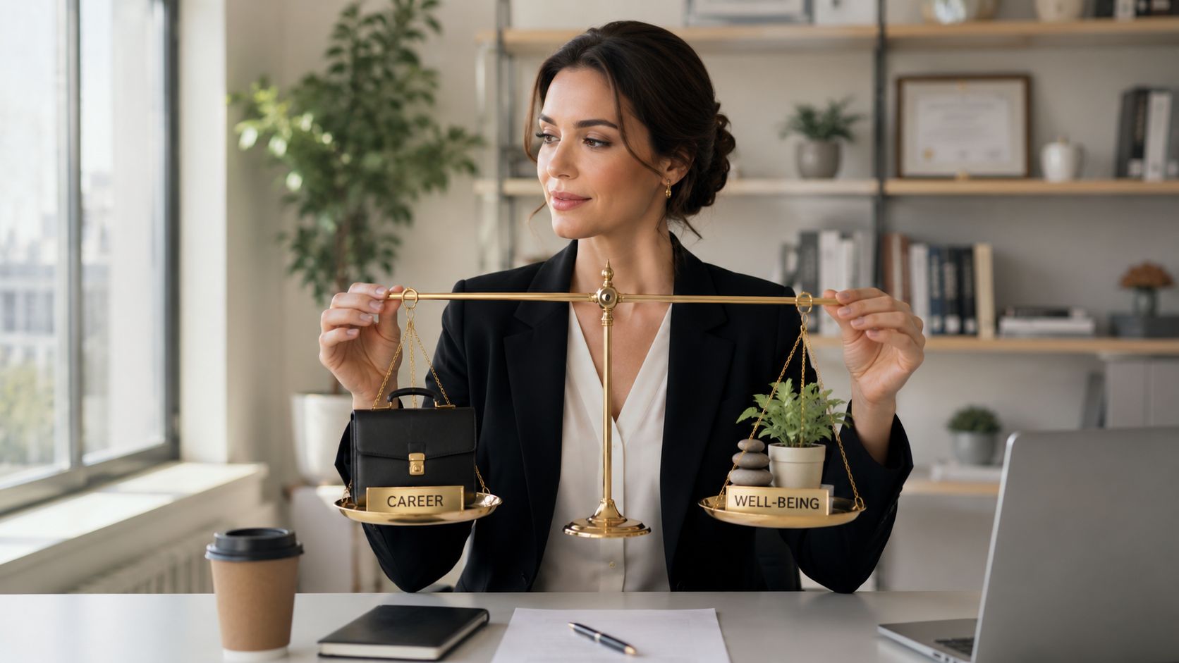 A professional woman in a suit balancing a career briefcase and well-being plants on a scale.