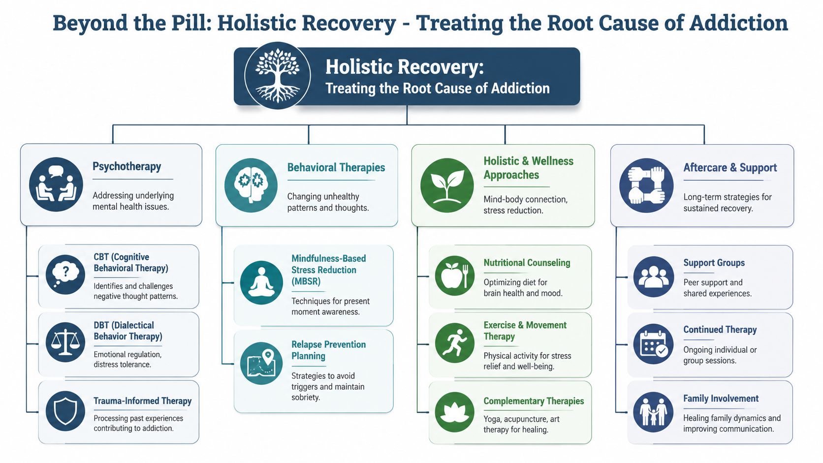 An infographic showing holistic recovery strategies for treating the root cause of addiction beyond just using pills.