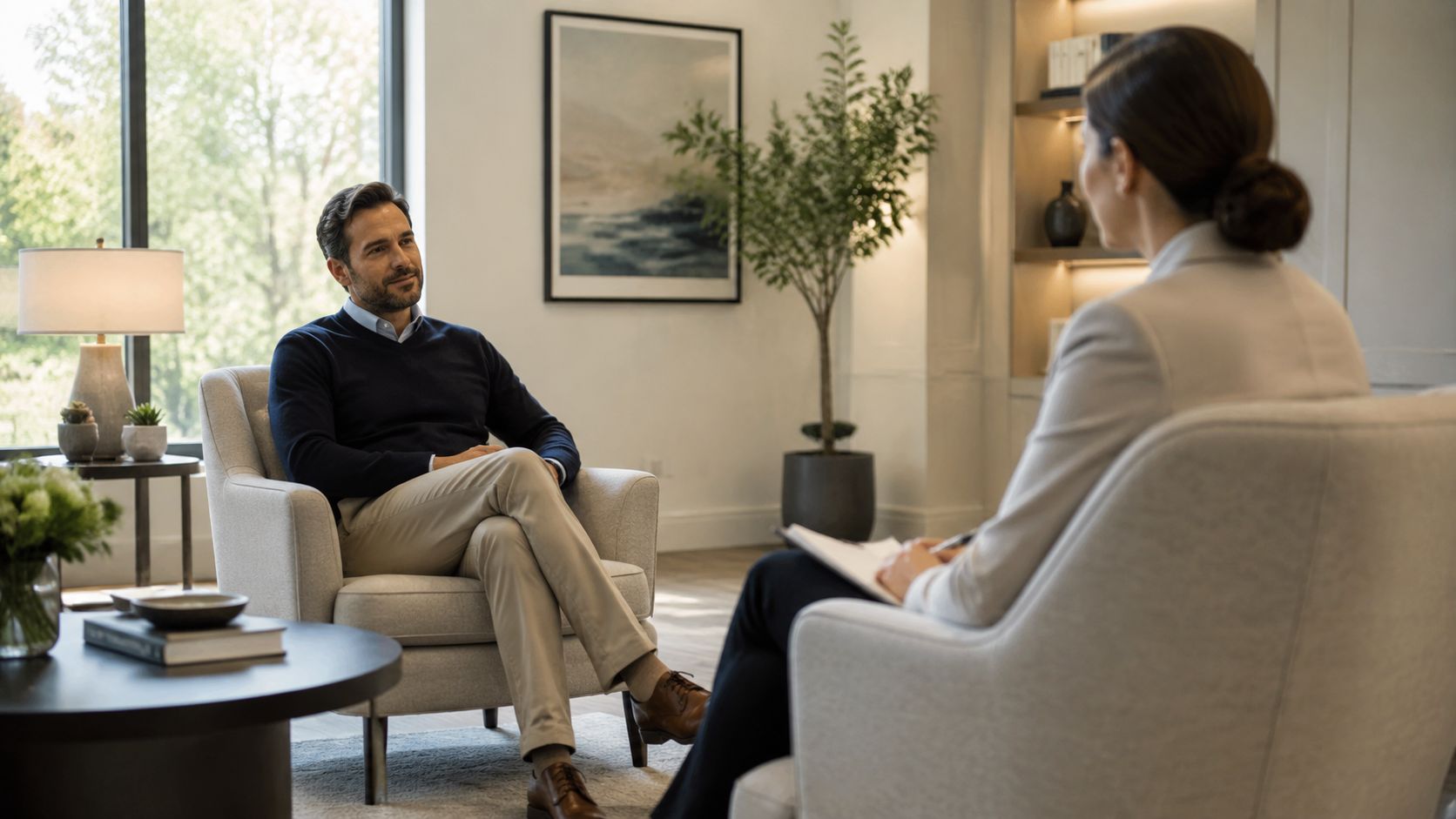 A professional therapist listens intently as a male patient discusses his mental health during a therapy session.