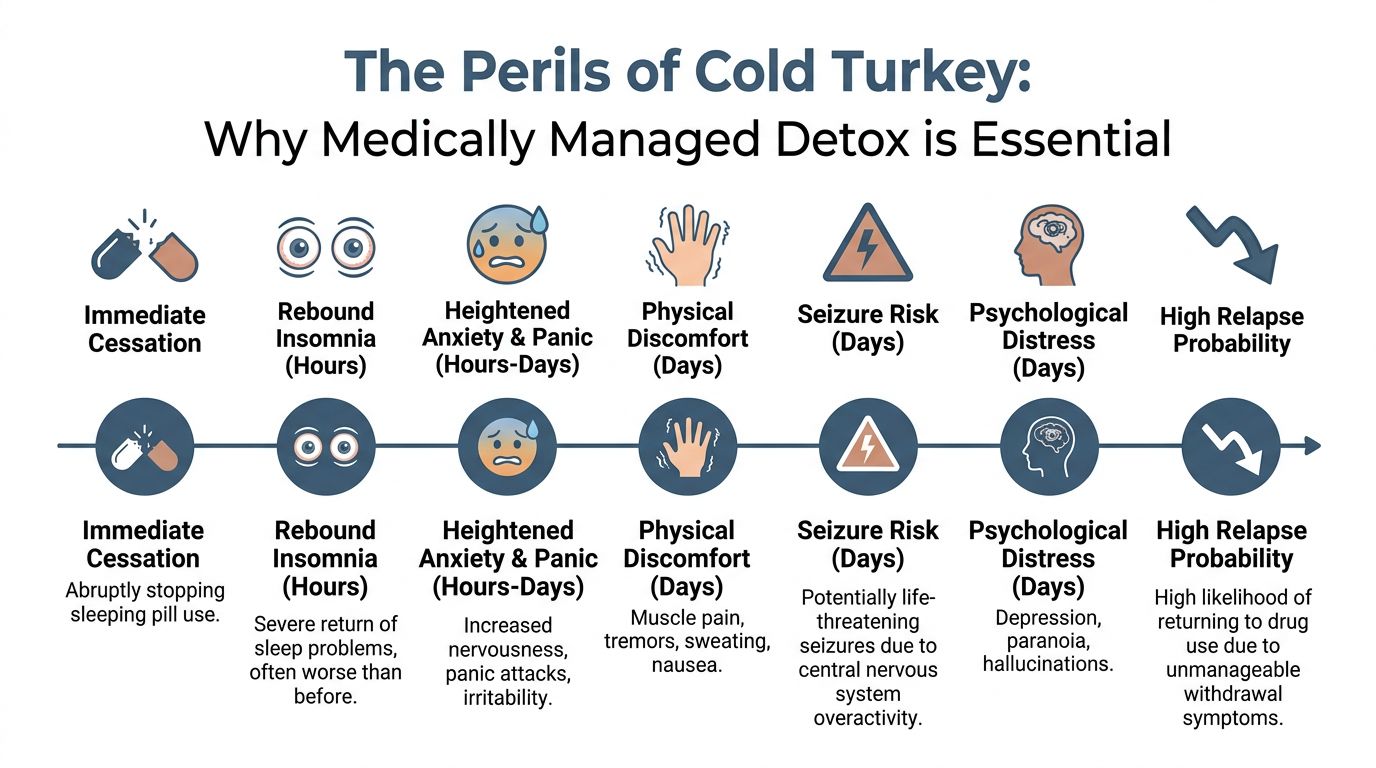 A visual timeline detailing the dangerous withdrawal symptoms of stopping sleeping pills abruptly, including seizure risks.