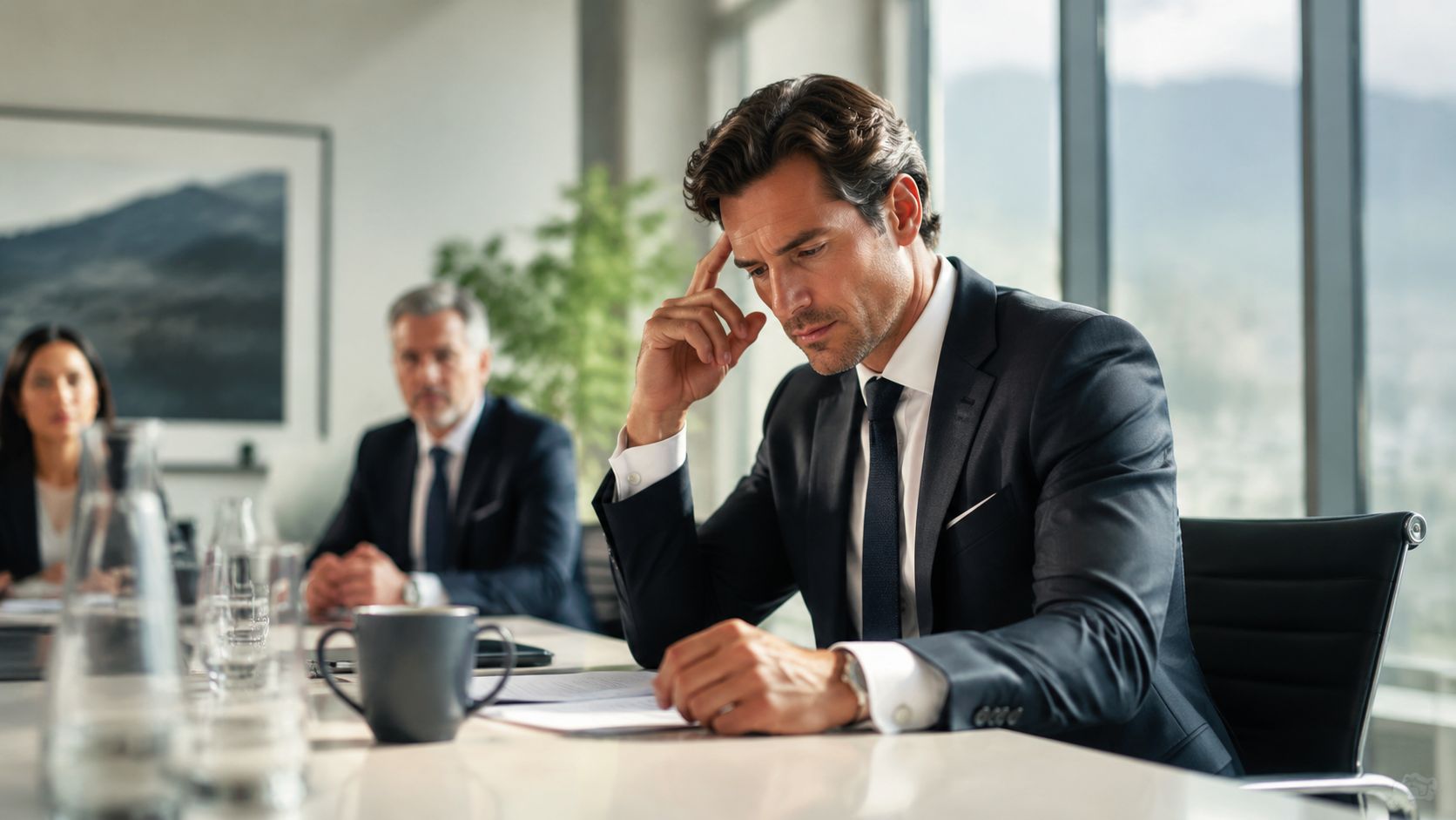 A professional man sitting at a conference table appearing stressed and contemplative during a business meeting.