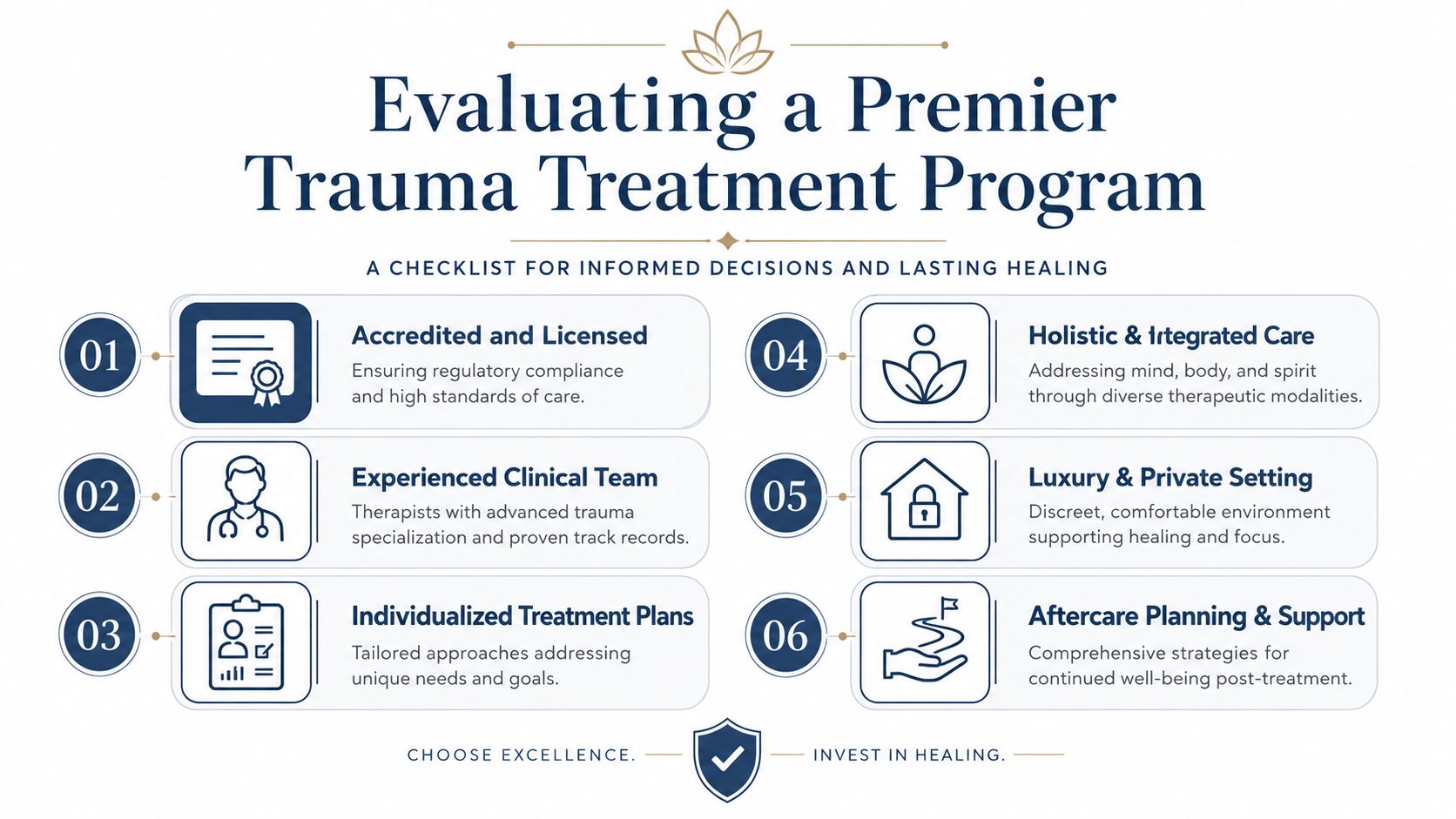 A checklist infographic outlining six essential criteria for evaluating a premier trauma treatment program for patients.