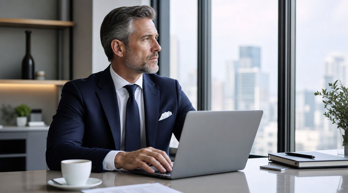 A professional man in a business suit working on his laptop in a modern high-rise office.