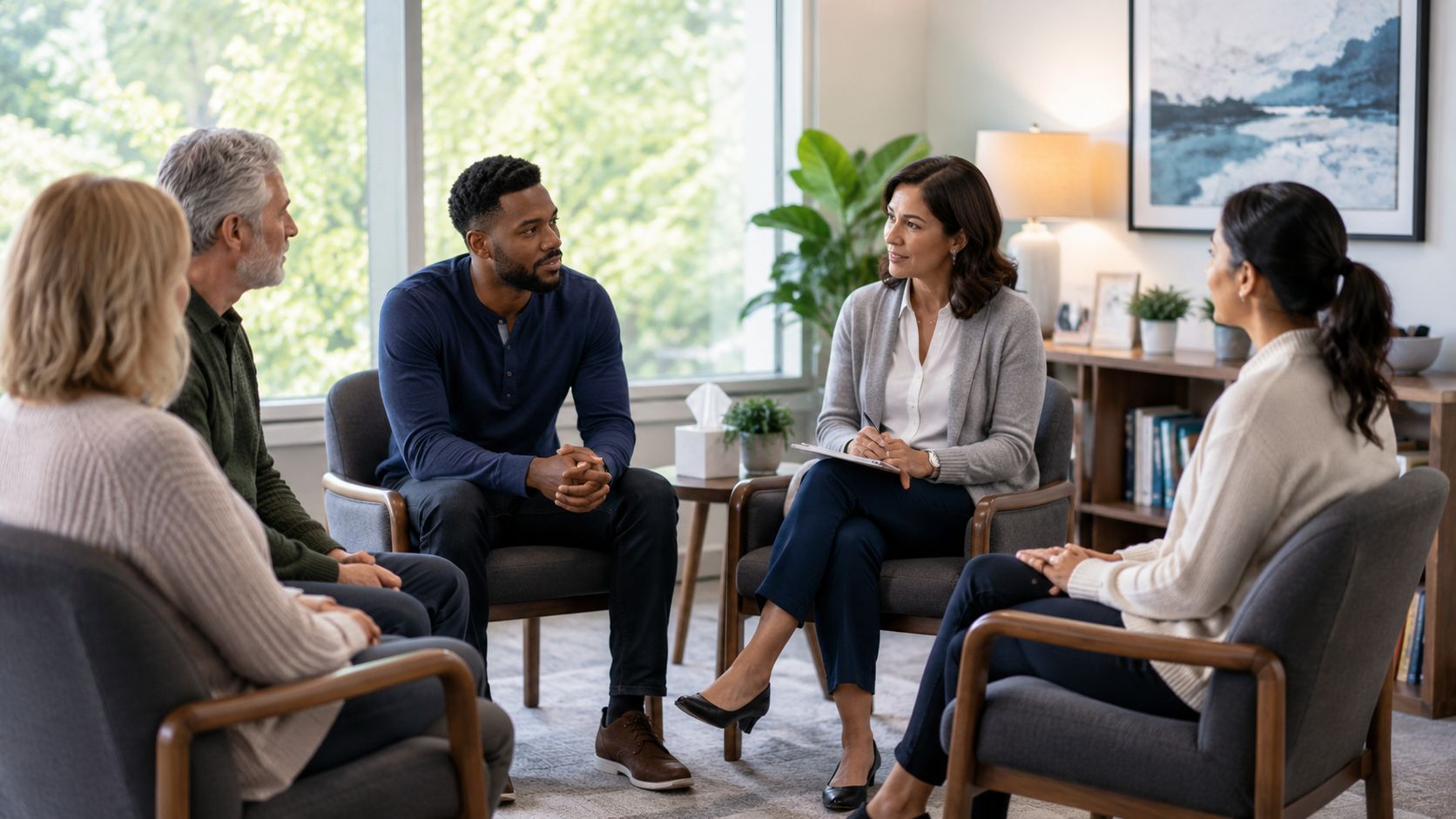 A diverse group of people sitting in a circle during a therapy session in a bright office.