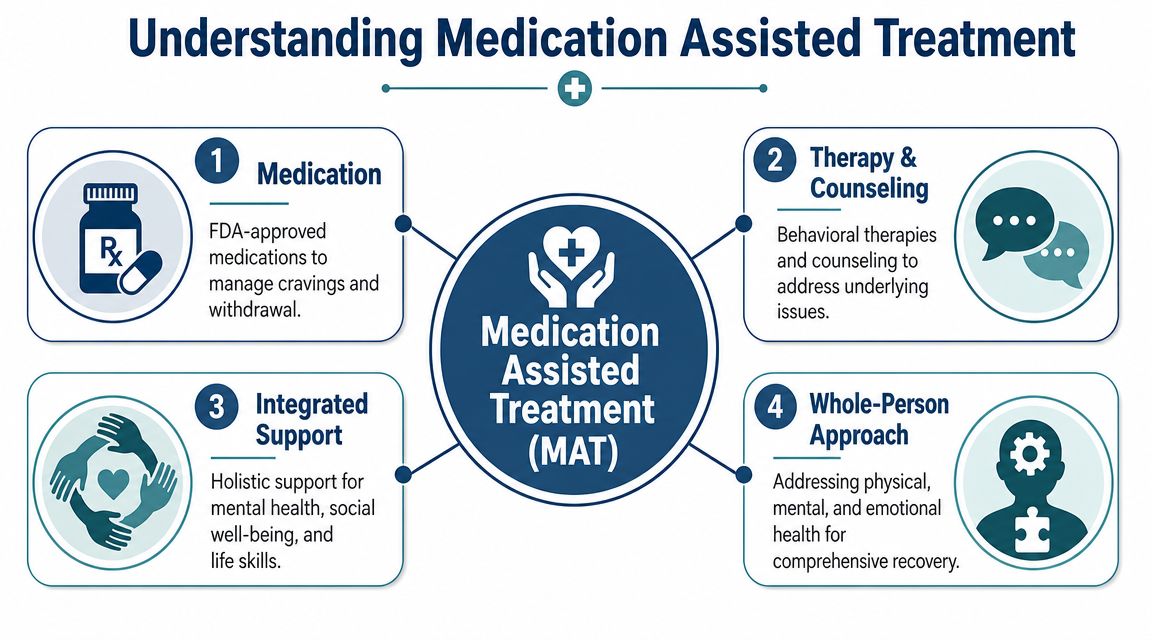 A diagram illustrating the four key components of Medication Assisted Treatment for recovery and wellness.