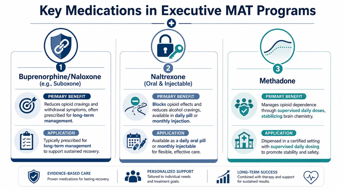 An infographic showing key medications for medication-assisted treatment, including Buprenorphine, Naltrexone, and Methadone with their specific benefits.