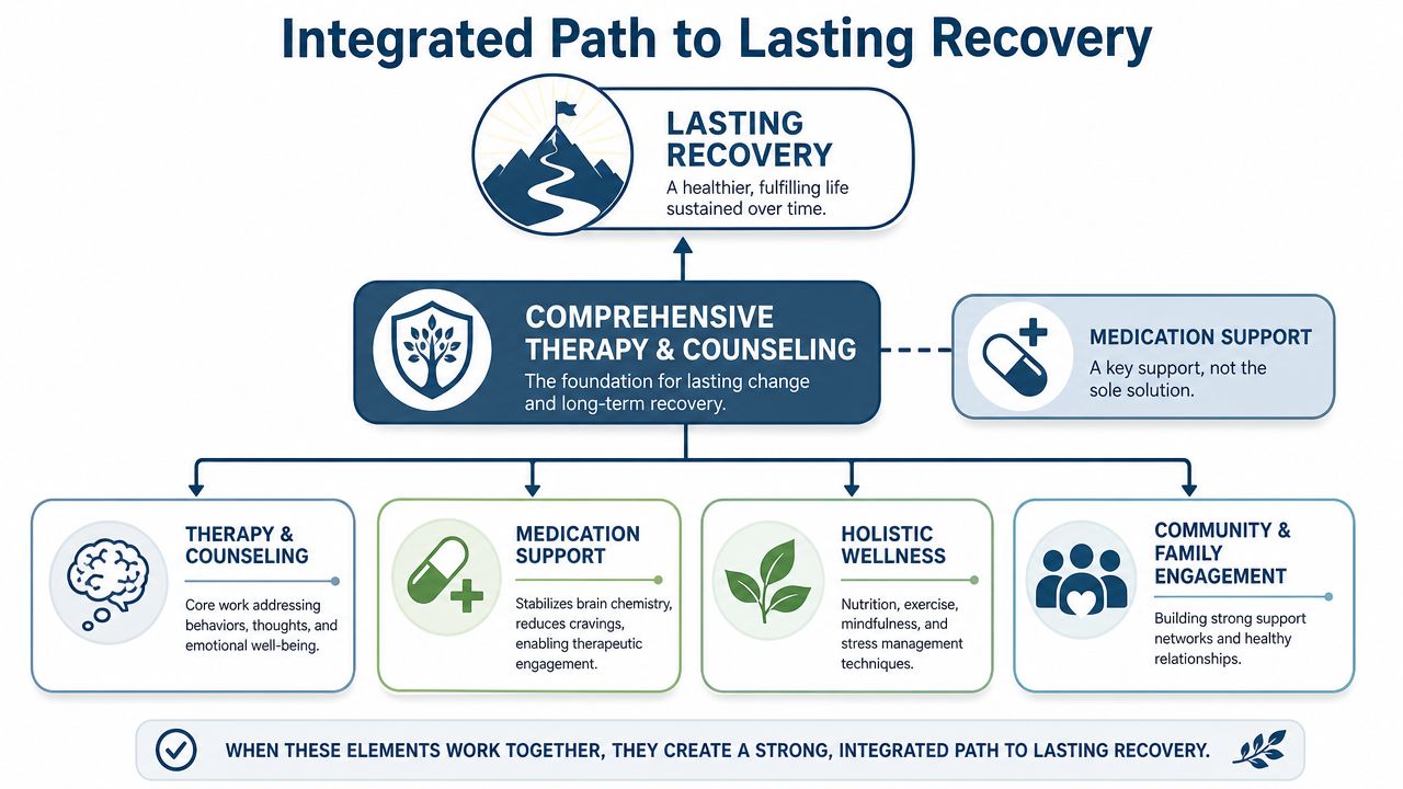 A diagram illustrating an integrated approach to recovery, featuring therapy, medication, holistic wellness, and community support.