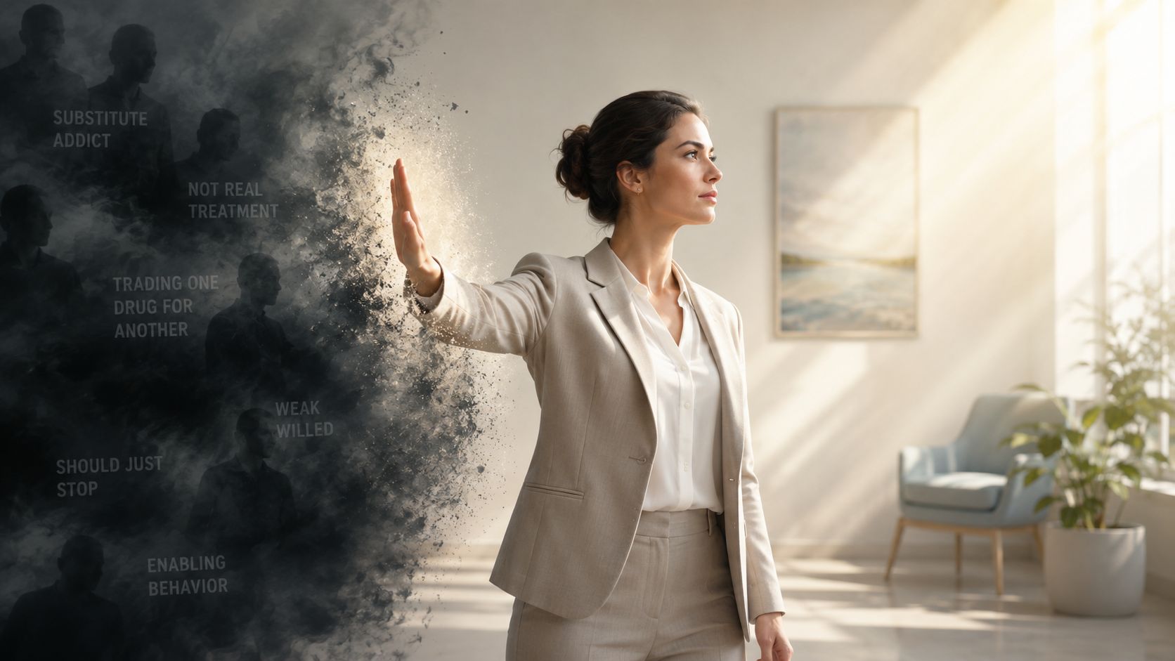 A professional woman uses a hand gesture to dispel negative misconceptions regarding medication-assisted treatment for substance recovery.