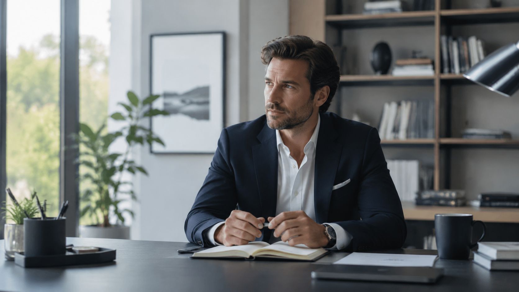 A professional man in a business suit sitting at a desk in a modern, calm office setting.