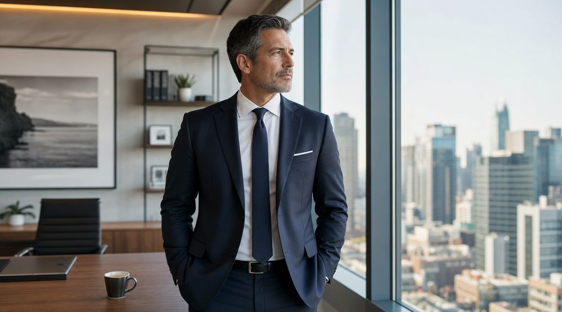 A professional man in a navy suit standing in a modern high-rise office looking out the window.