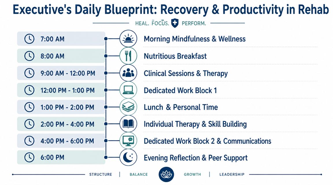 A schedule for executives in rehab, balancing daily recovery sessions with structured professional work blocks.