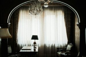 Elegant room with chandelier and large window