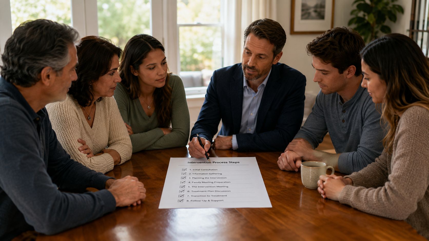A professional facilitator guides a family through an intervention process plan at a wooden table.