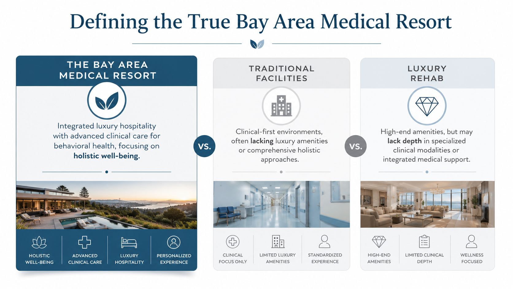 A comparison chart showing the differences between the Bay Area Medical Resort, traditional facilities, and luxury rehab centers.