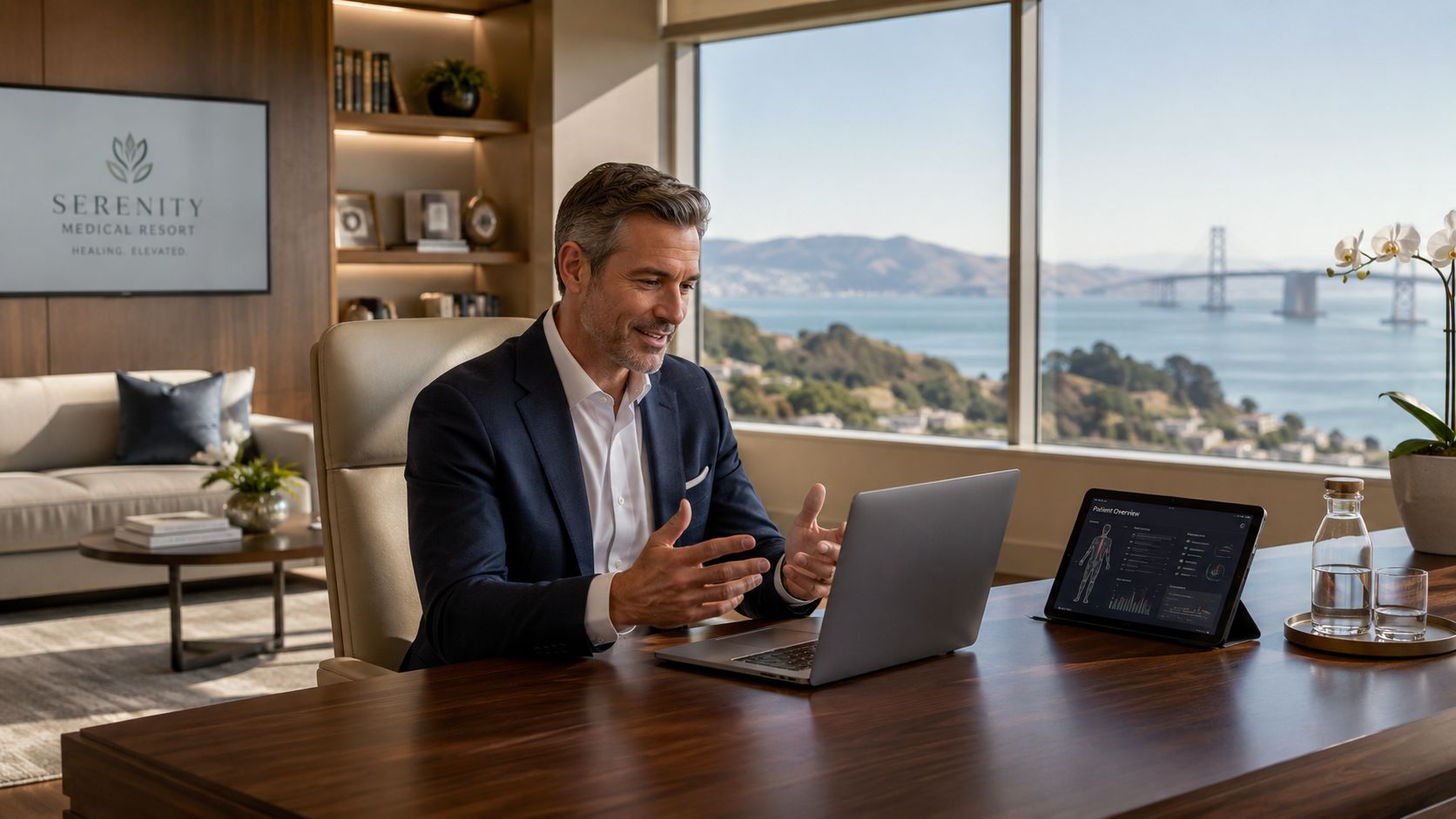 A professional man sits at a modern office desk with a view of the Bay Area bridge.
