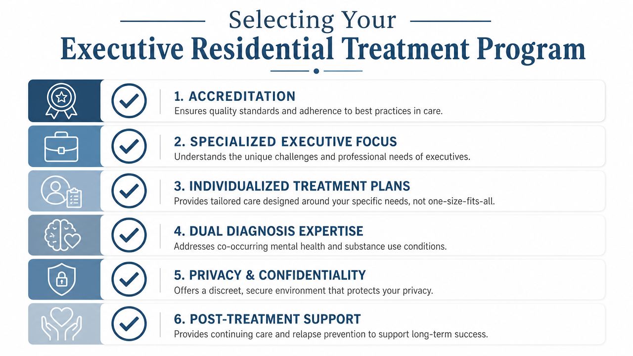 A professional infographic outlining six key considerations when selecting an executive residential treatment program for mental health.