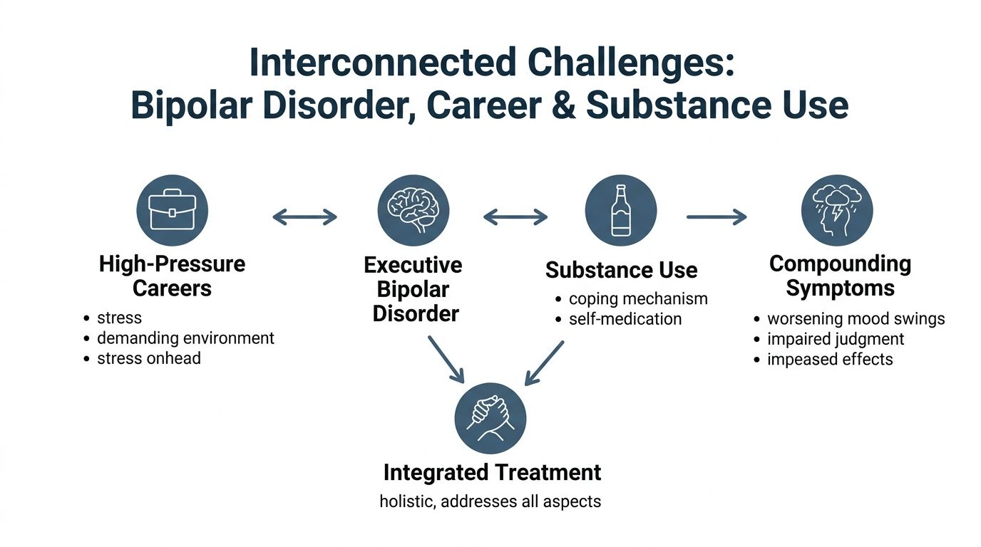 A diagram illustrating the interconnected challenges of bipolar disorder, high-pressure careers, and substance use, highlighting integrated treatment.