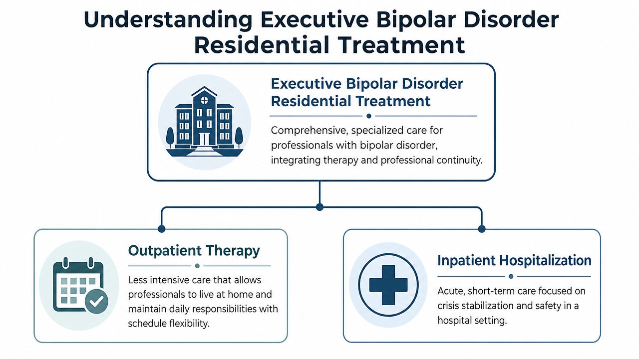 A diagram outlining executive bipolar disorder residential treatment, outpatient therapy, and inpatient hospitalization options for professionals.