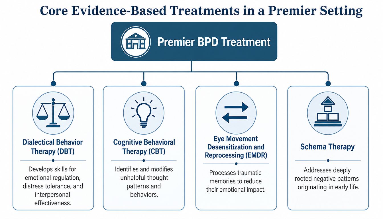 A chart showing core evidence-based treatments for Borderline Personality Disorder, including DBT, CBT, EMDR, and Schema Therapy.