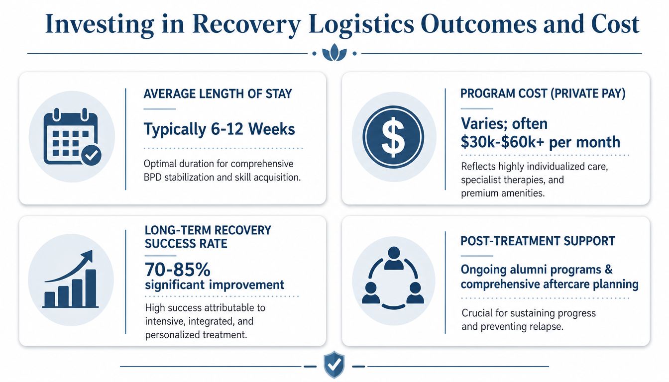 An infographic titled Investing in Recovery Logistics Outcomes and Cost detailing BPD treatment duration, pricing, and success rates.