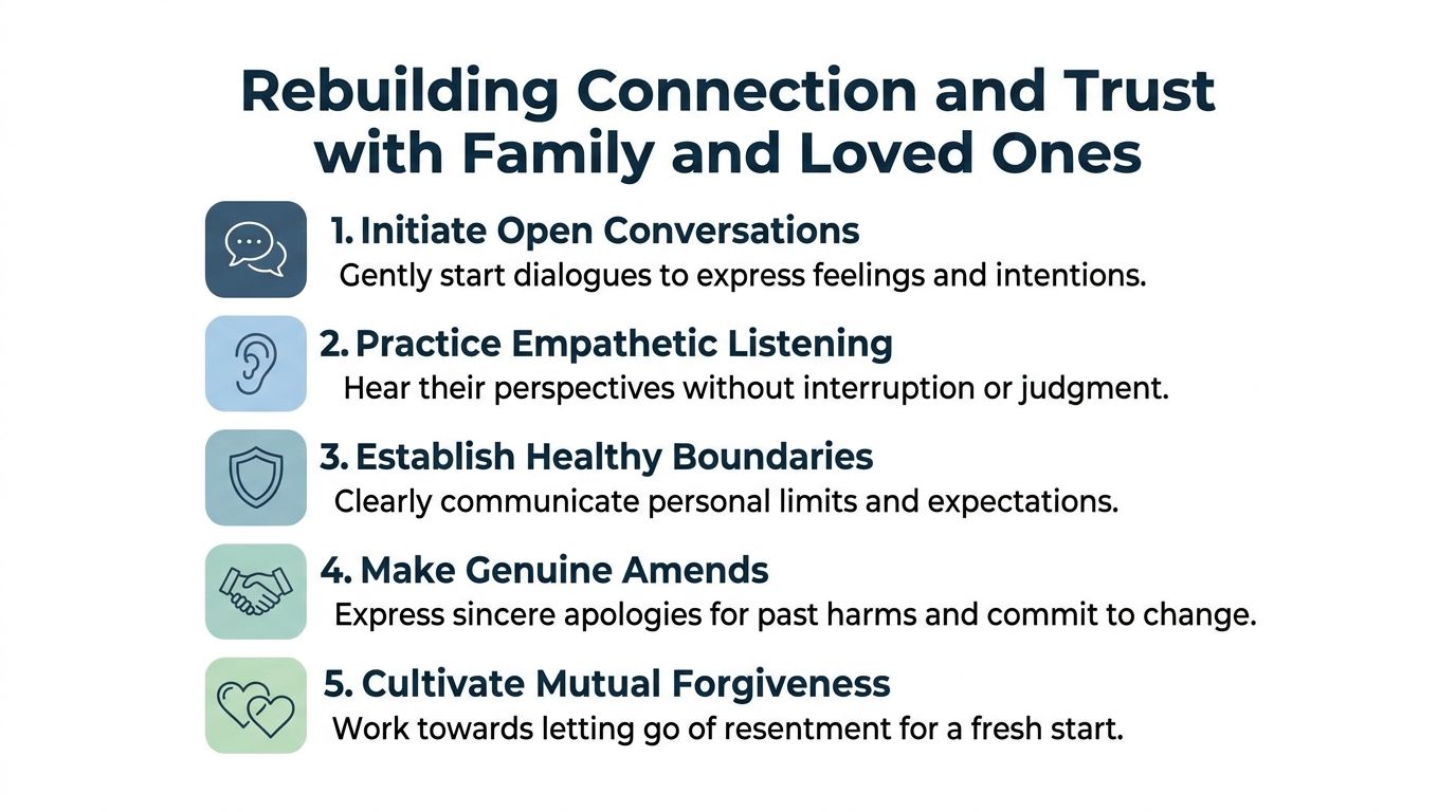 A list of five steps for rebuilding trust and connection with family members during recovery.