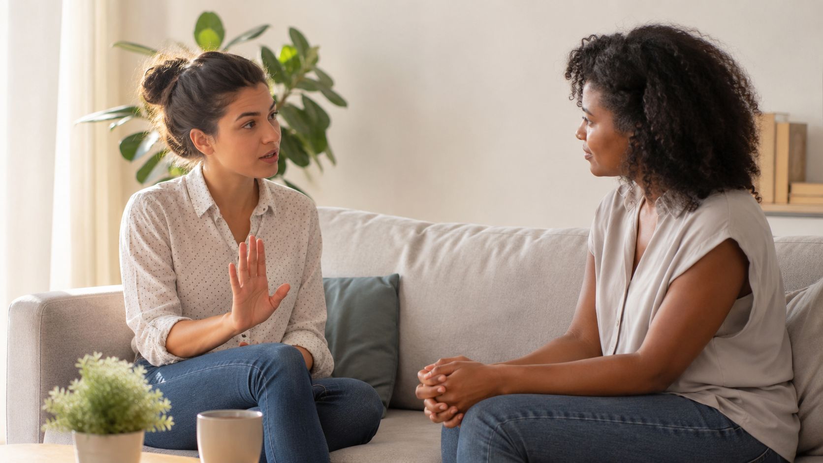 Two women engaged in a supportive and focused conversation while sitting on a couch together.