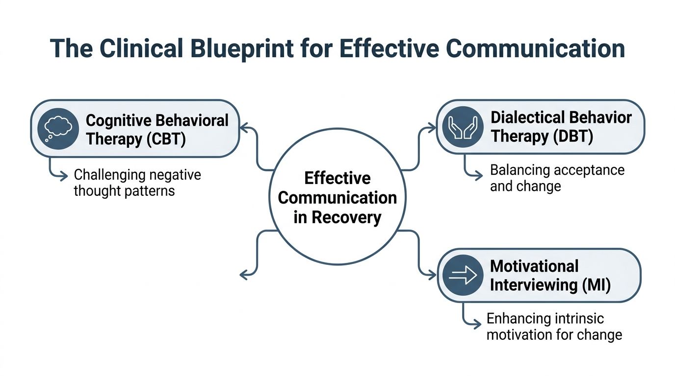 A diagram illustrating the clinical blueprint for effective communication in recovery using CBT, DBT, and MI methods.