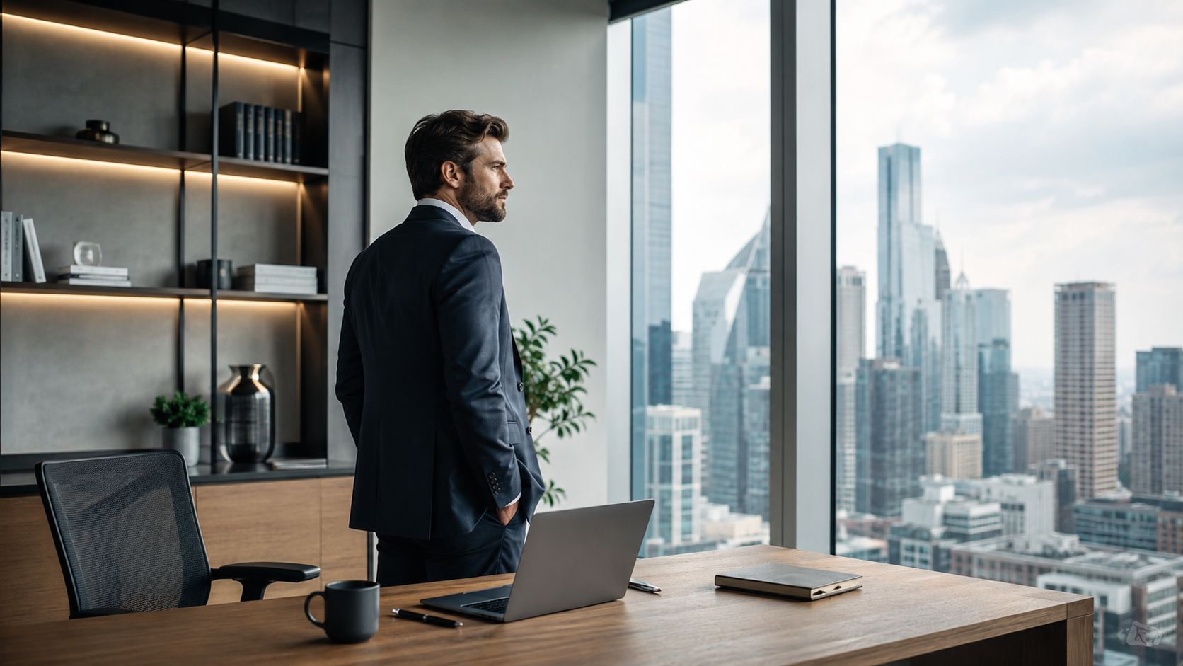 A professional man in a business suit stands in a modern high-rise office overlooking a city skyline.