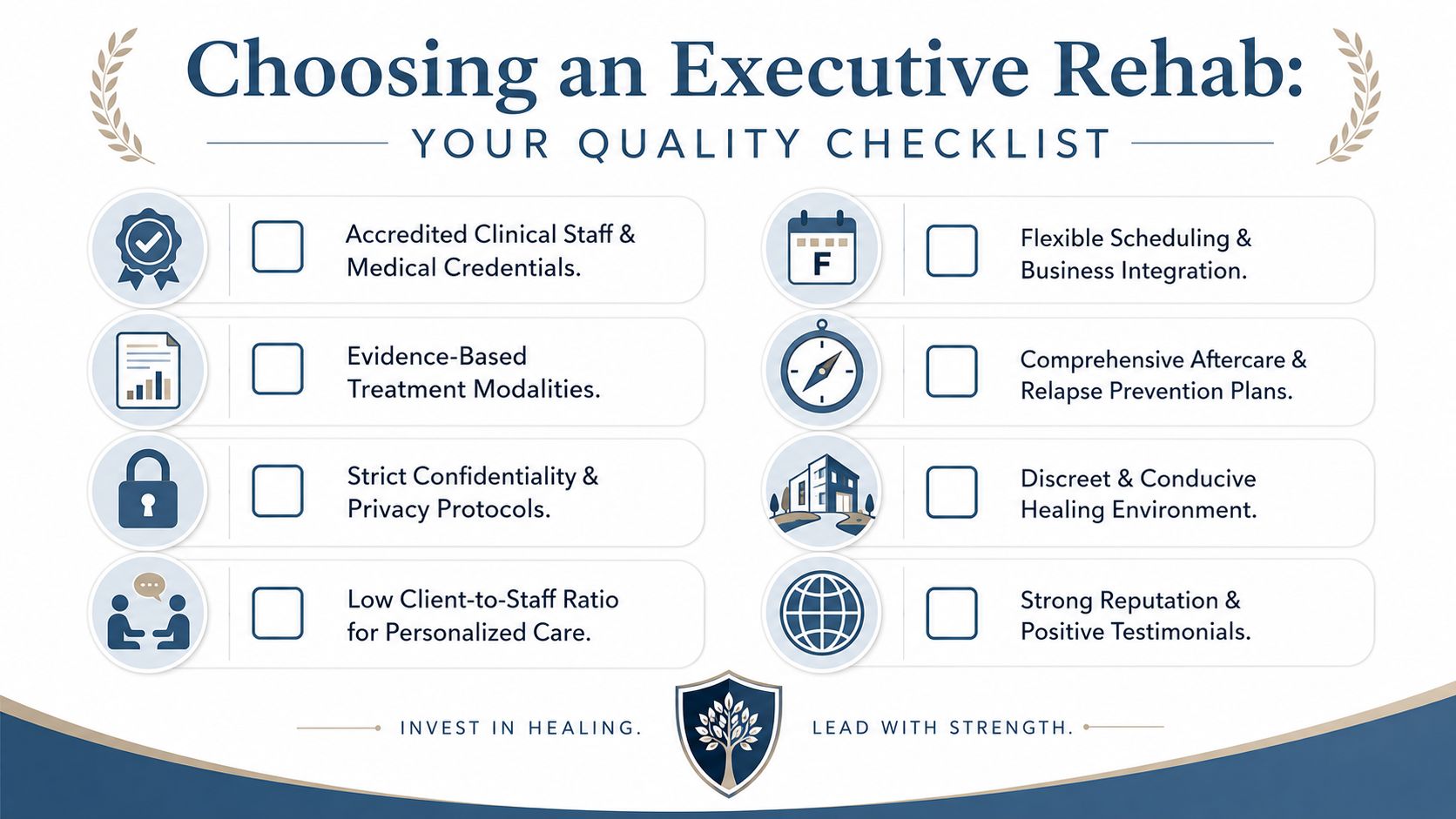 A checklist infographic titled Choosing an Executive Rehab outlining eight key quality criteria for treatment centers.