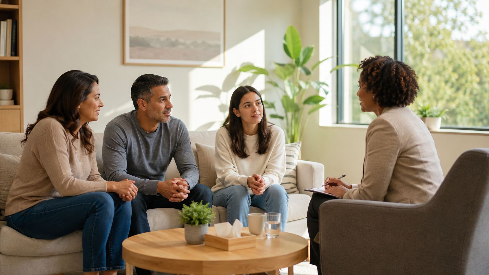 A professional therapist listens to a family during a counseling session in a warm office setting.