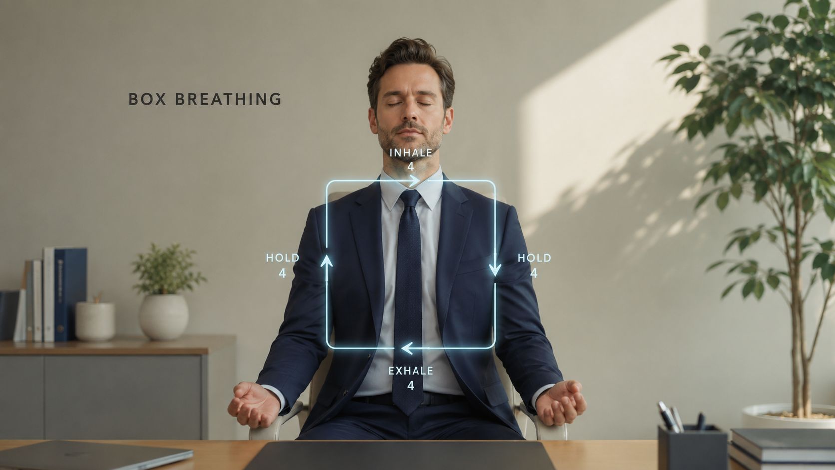 A professional man in a suit practicing box breathing meditation at his office desk with a diagram.
