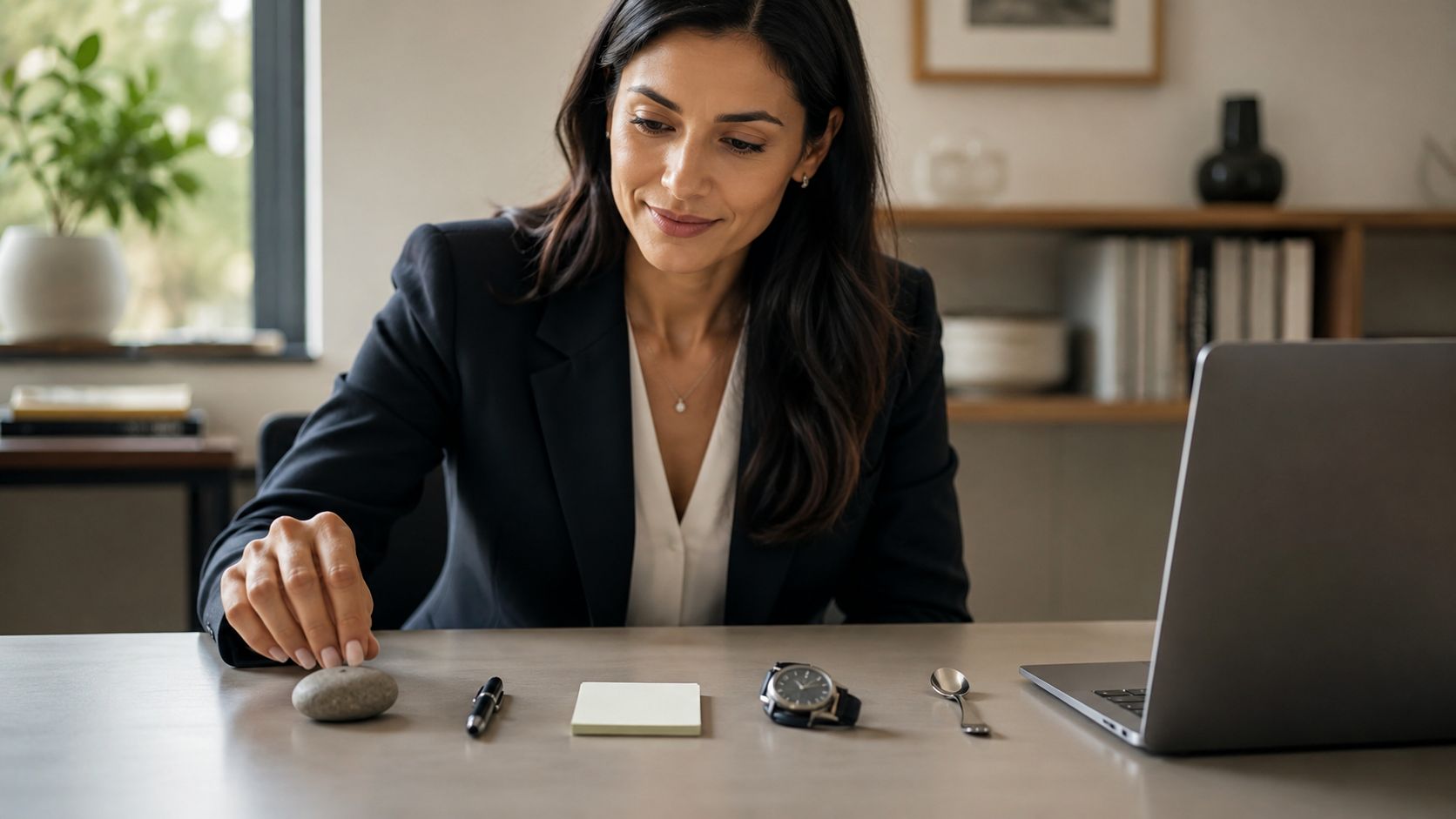 A professional woman in an office setting holds a smooth stone to practice grounding techniques for anxiety.