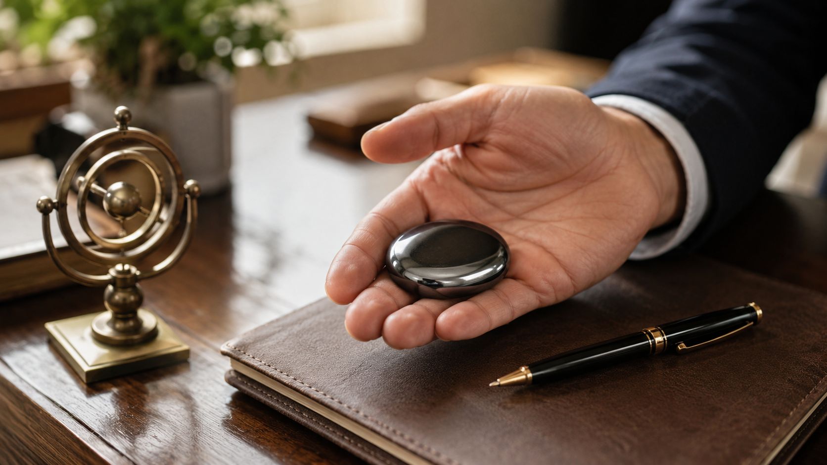 A professional hand holding a smooth polished stone, symbolizing mindfulness and grounding techniques for anxiety relief.