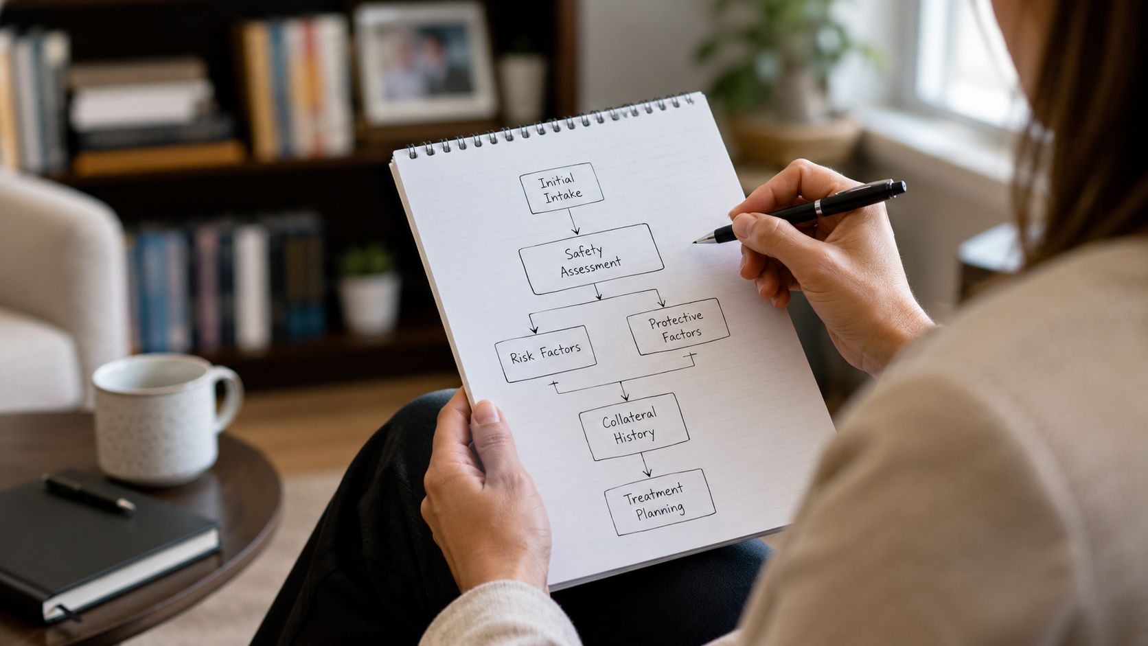 A professional therapist holds a notepad displaying a flowchart outlining a clinical treatment planning and assessment process.