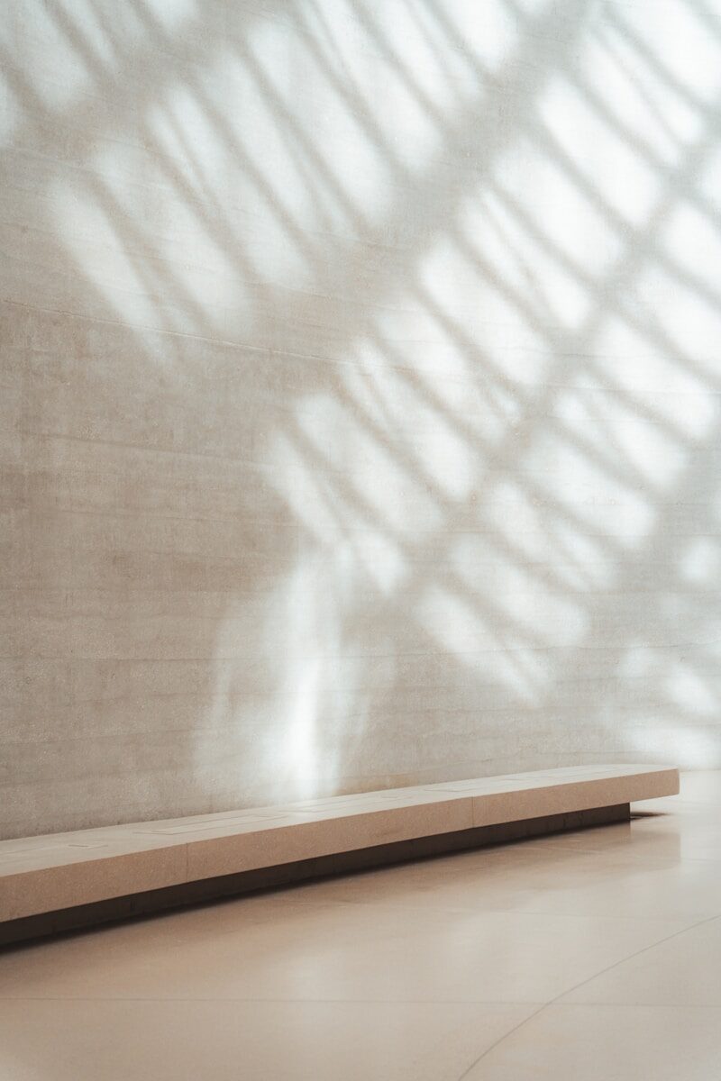 Palm leaf shadows fall on a minimalist wall and bench.