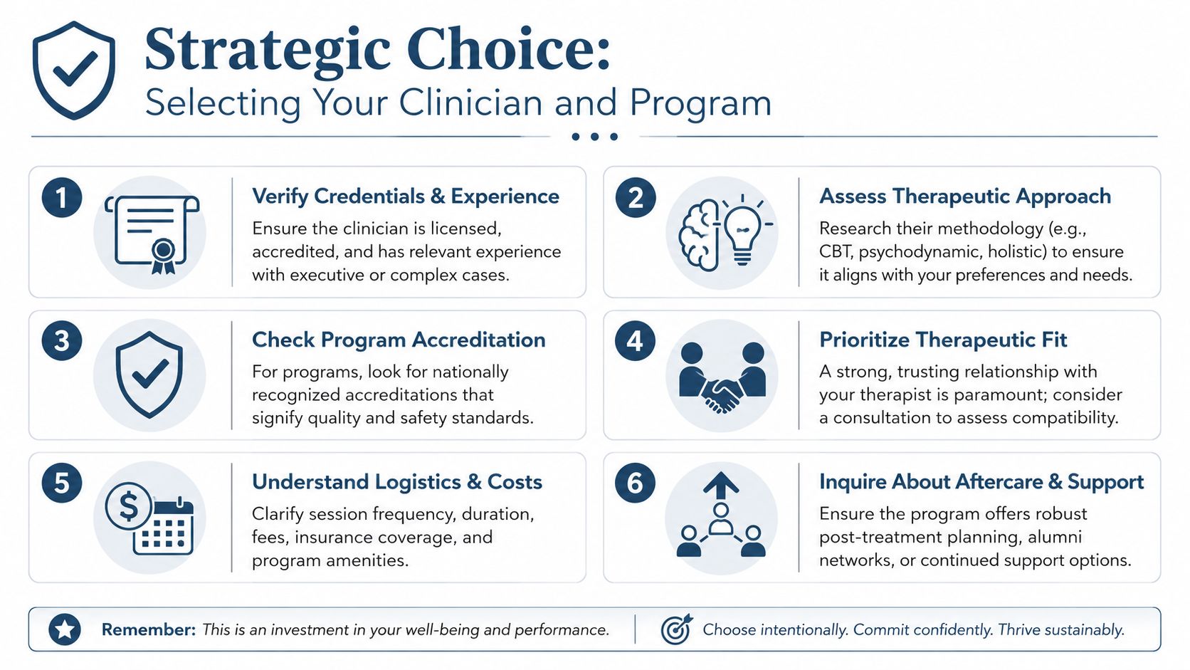 A strategic guide infographic outlining six steps for choosing a professional clinician and mental health treatment program.