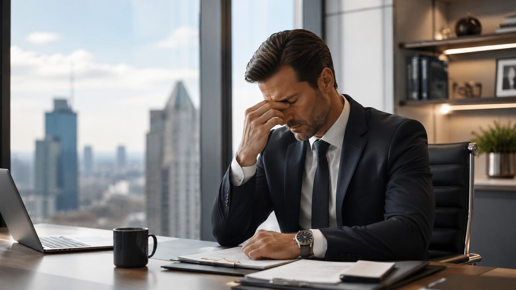 A stressed businessman in a suit sitting at his office desk with his hand over his eyes.