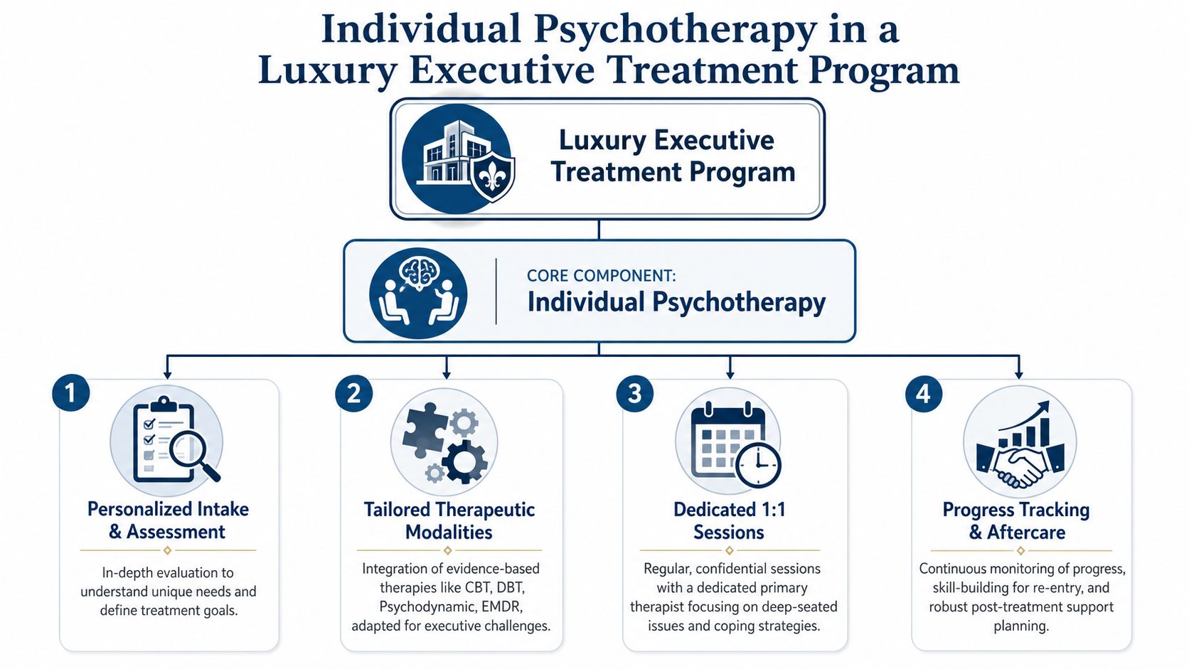 A flowchart detailing the four core components of individual psychotherapy within a luxury executive treatment program.