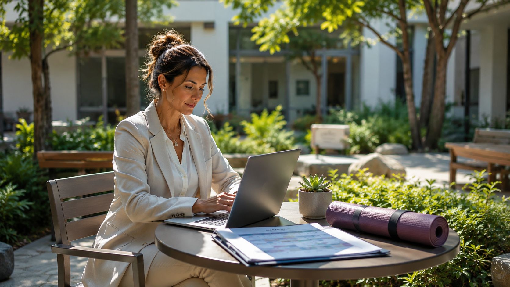 A professional woman in a suit working on a laptop at an outdoor table with a yoga mat.