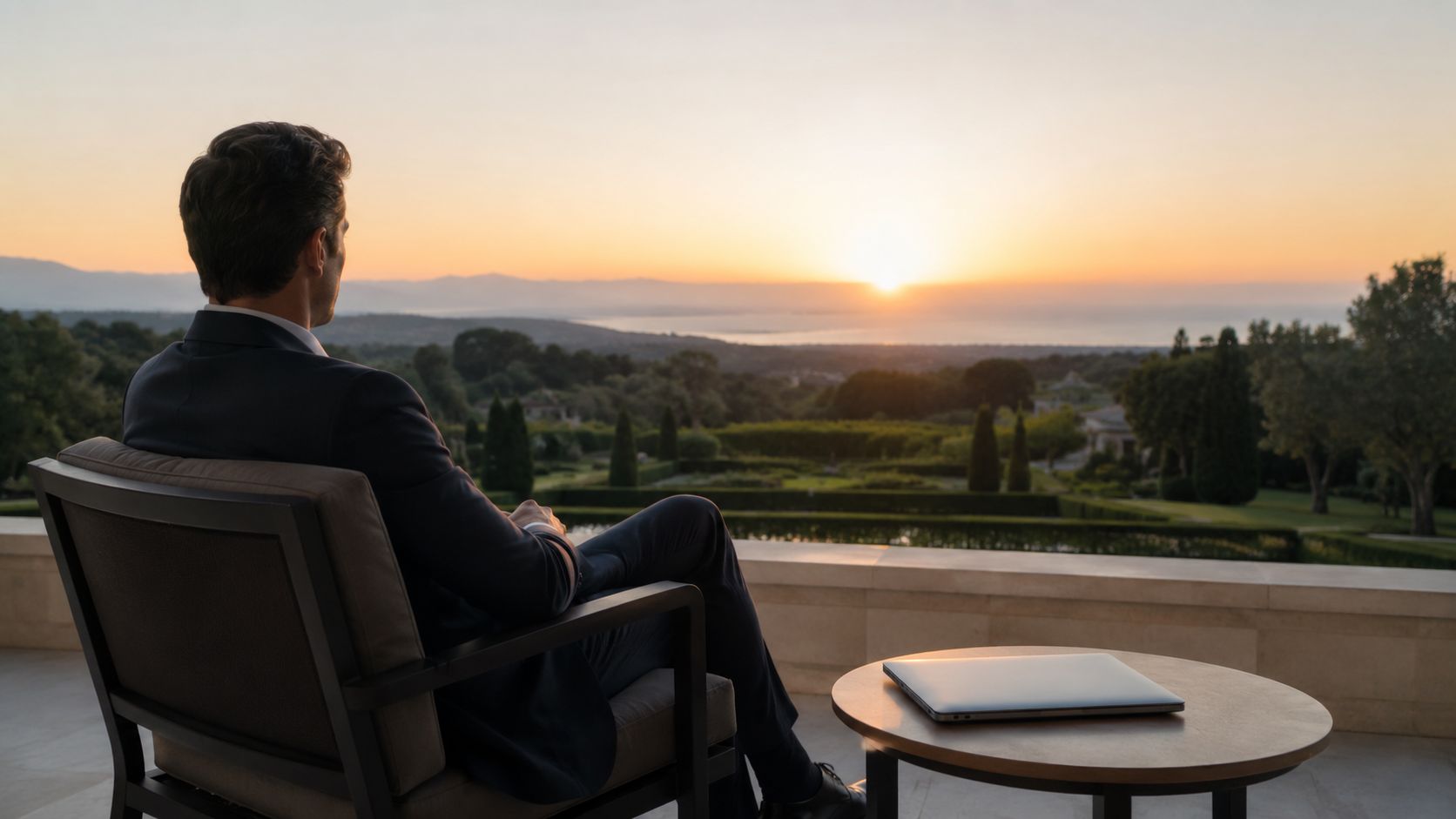 A businessman sits in a chair overlooking a peaceful landscape at sunset while resting from work.