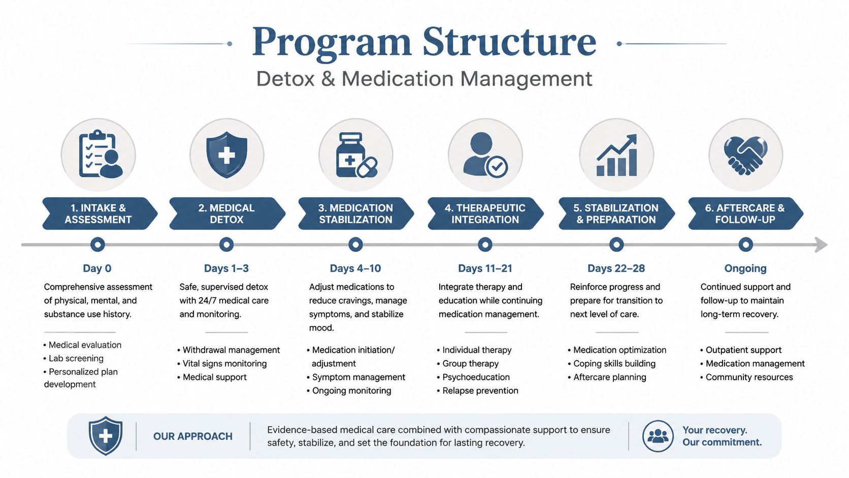 A six-step infographic outlining a luxury executive rehab program structure for detox and medication management.