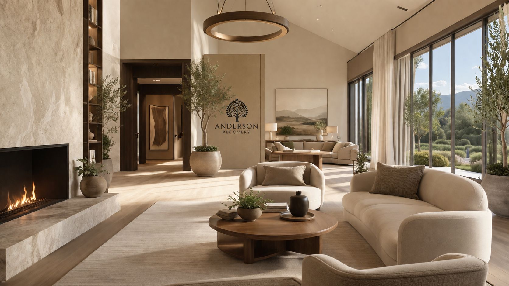 A luxurious and serene living room in a high-end private rehab facility with modern, warm-toned interior design.