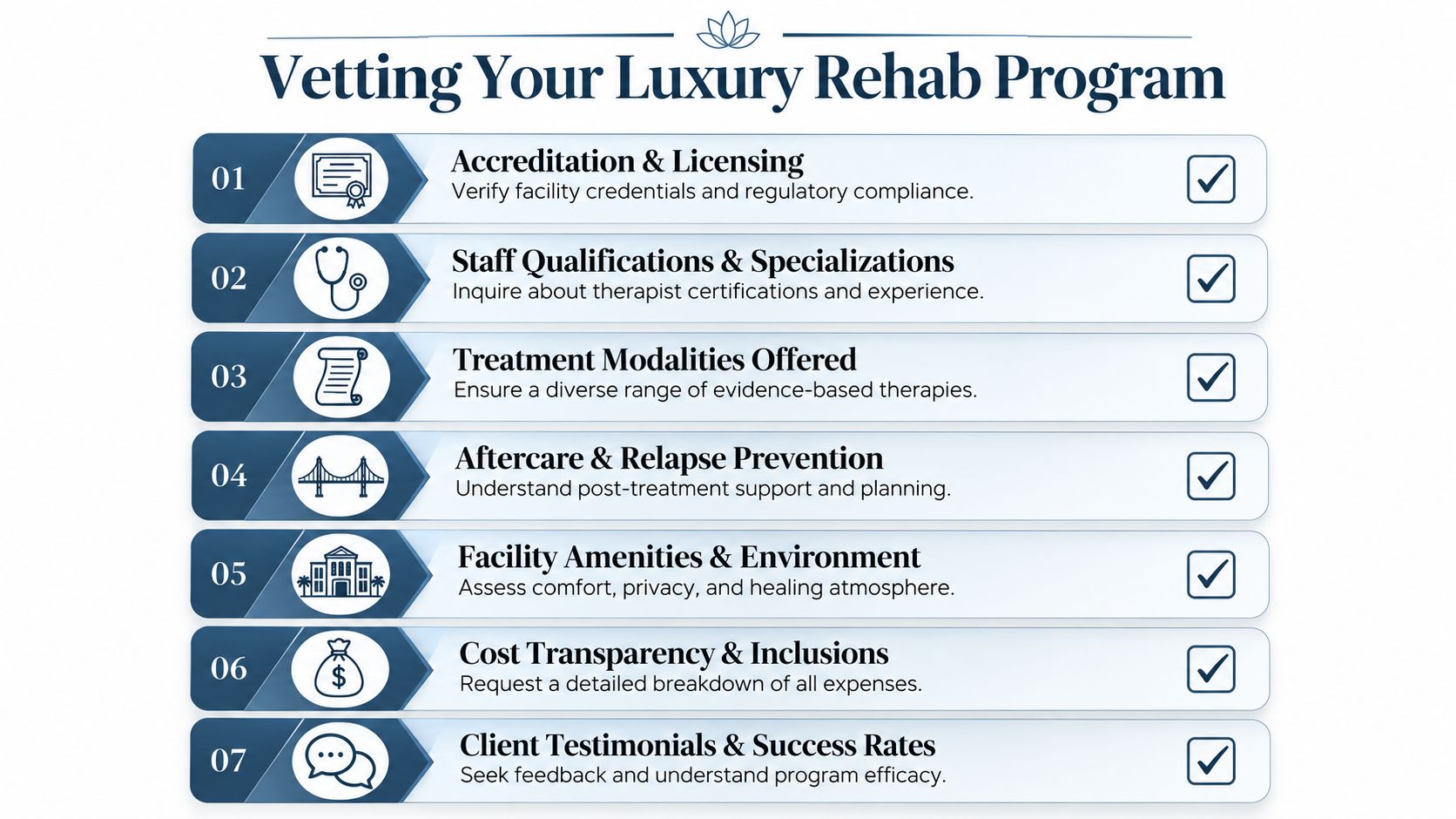 A checklist infographic titled Vetting Your Luxury Rehab Program outlining seven key factors for choosing a facility.