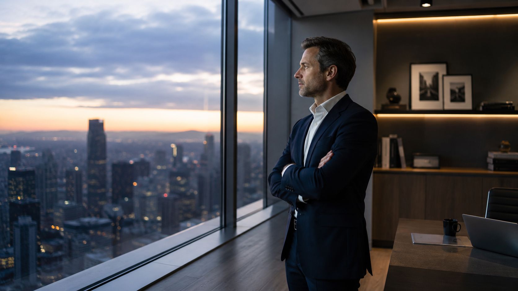 A professional man in a business suit stands in a modern office looking out over a city skyline.